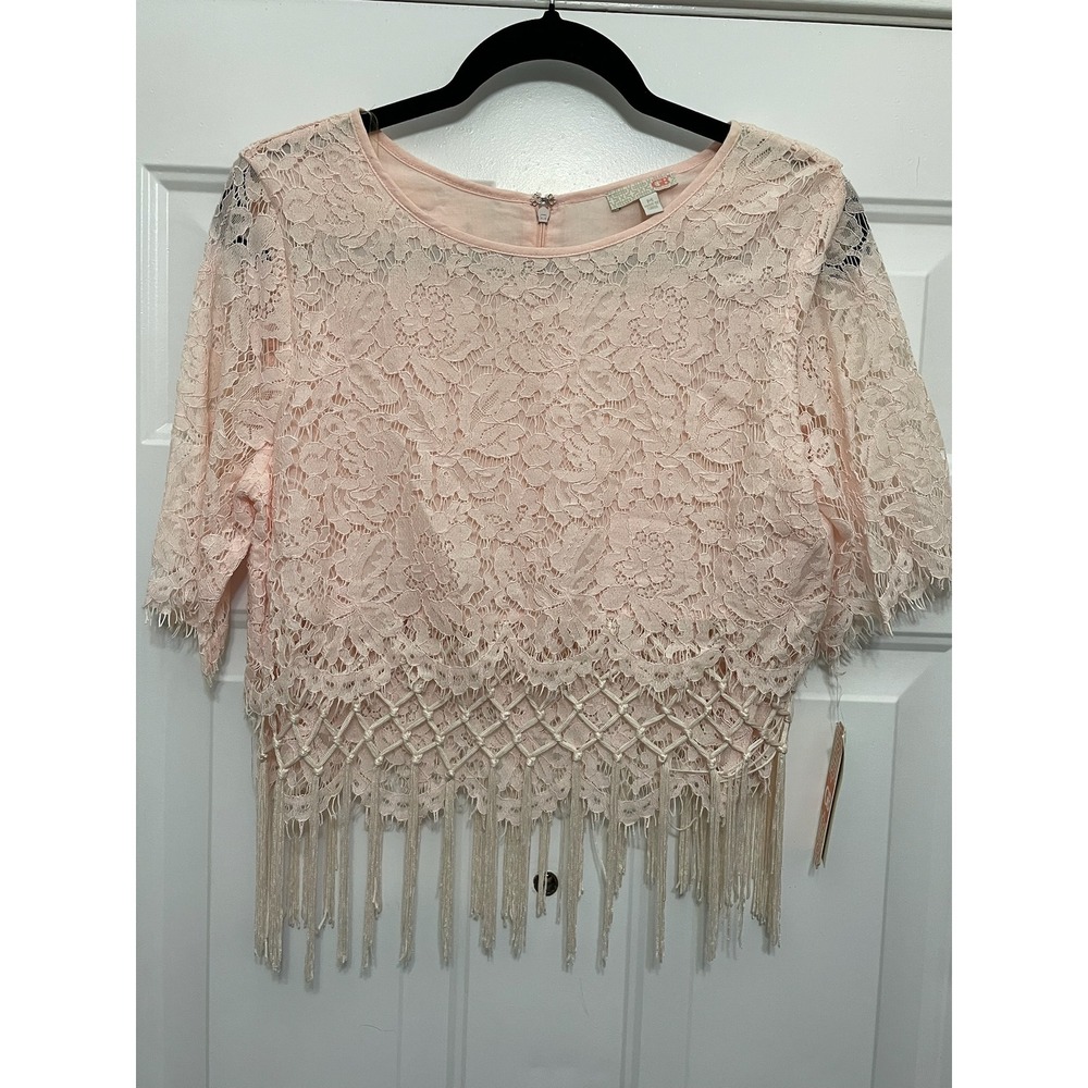 GB Gianni Bini Pink Lace Fringe Crop Top Pearl Detail Boho Festival NWT Medium